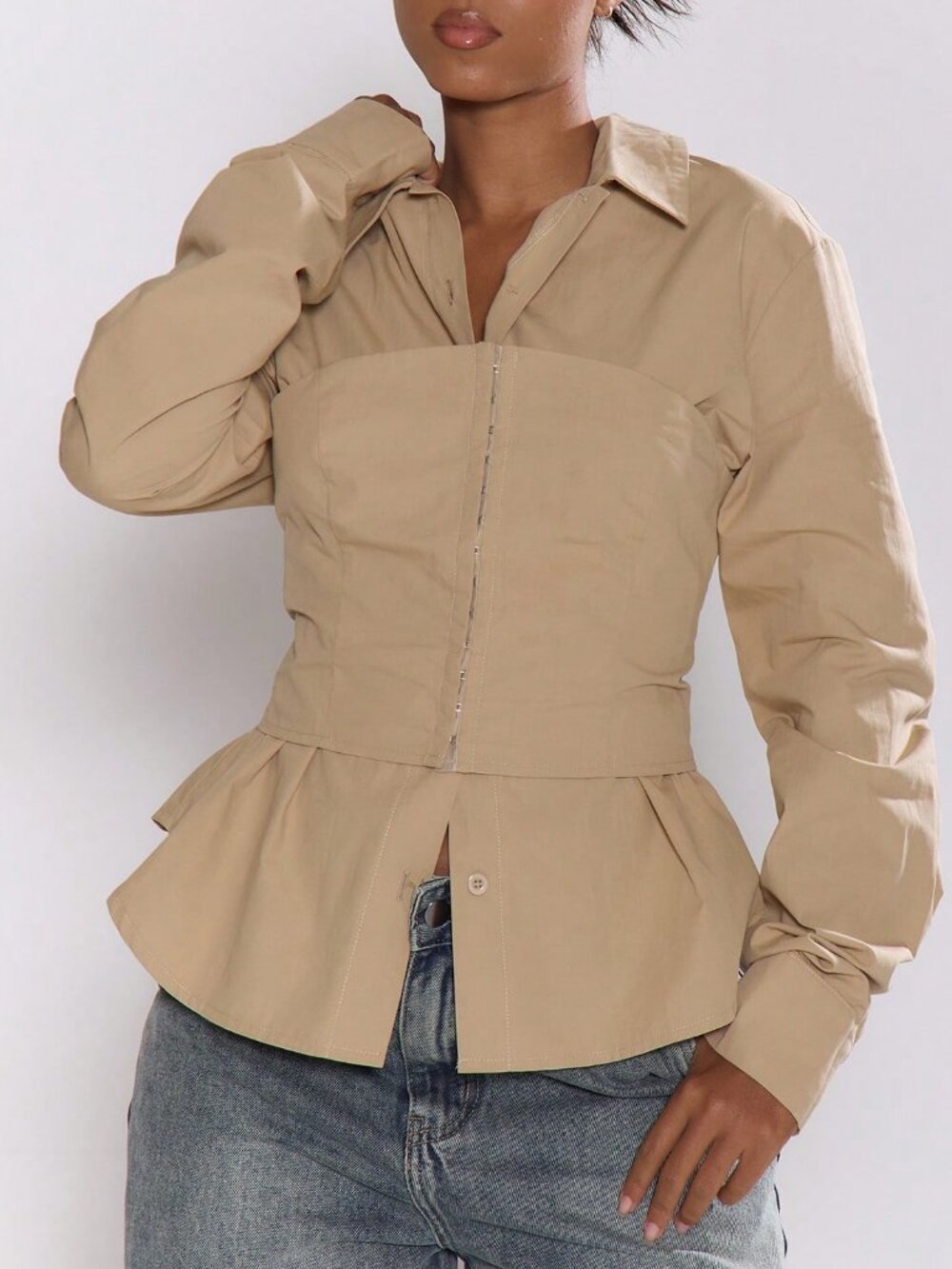 Brown Casual Women's Cinched Corset Long Sleeve Shirt